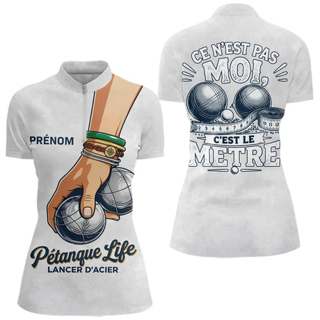 Polo Pétanque Blanc Personnalisé Humour - Le Mètre - Polo Zippé Femme