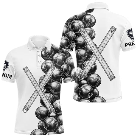 Polo Pétanque Blanc Prénom - Boules & Mètre Personnalisé - Polo Homme