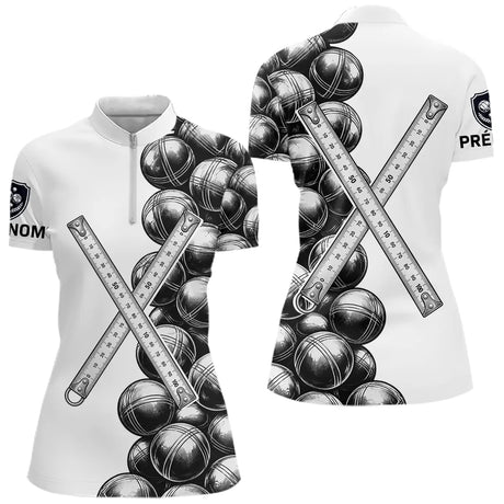 Polo Pétanque Blanc Prénom - Boules & Mètre Personnalisé - Polo Zippé Femme