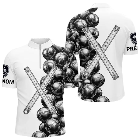 Polo Pétanque Blanc Prénom - Boules & Mètre Personnalisé - Polo Zippé Homme