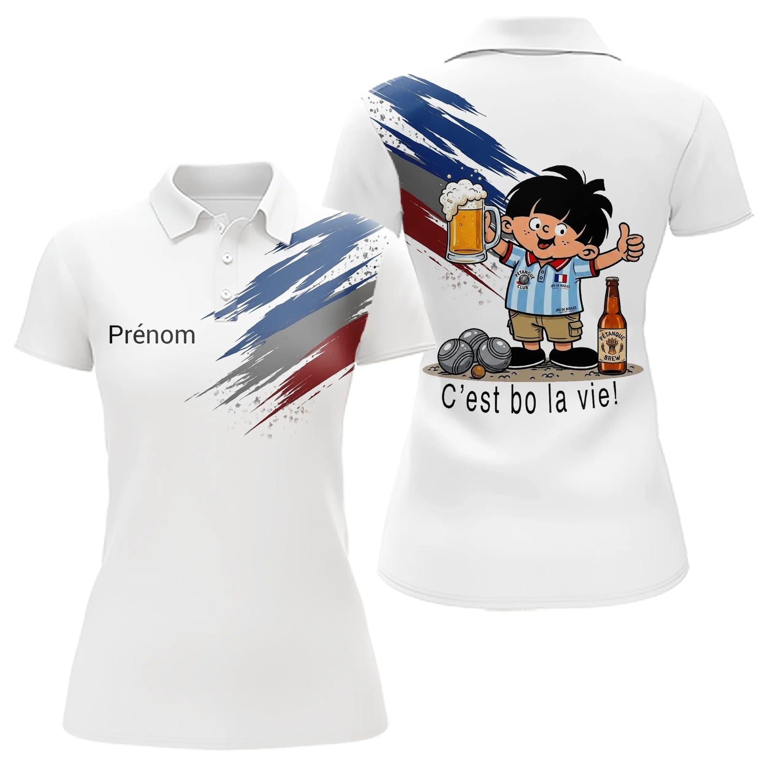 Polo Pétanque Blanc Tricolore & Bière - Drapeau Français - Polo Femme