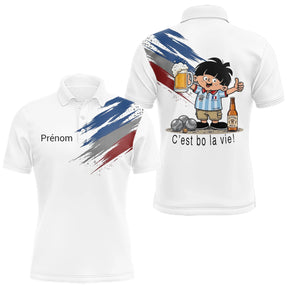 Polo Pétanque Blanc Tricolore & Bière - Drapeau Français - Polo Homme