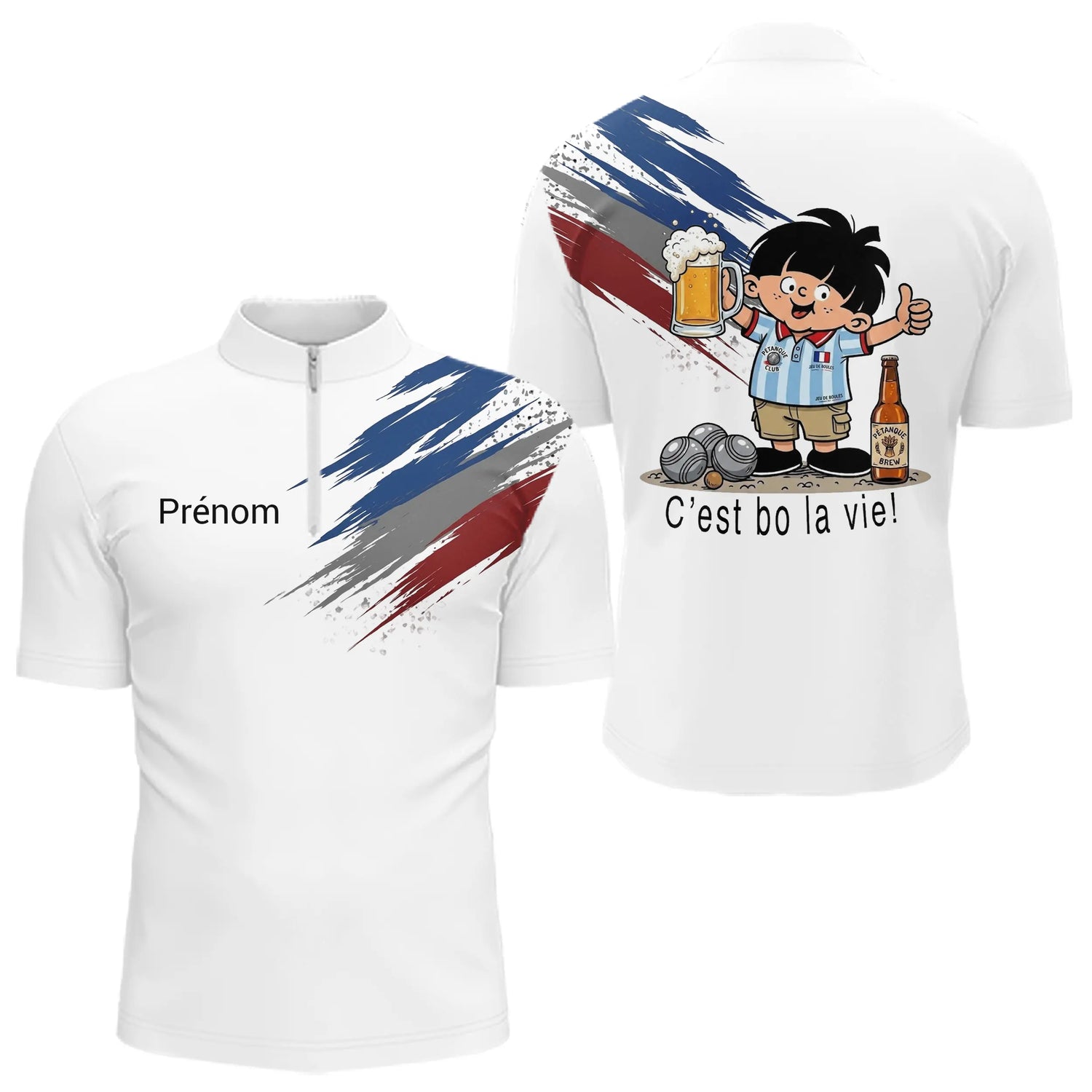 Polo Pétanque Blanc Tricolore & Bière - Drapeau Français - Polo Zippé Homme