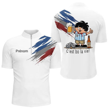 Polo Pétanque Blanc Tricolore & Bière - Drapeau Français - Polo Zippé Homme