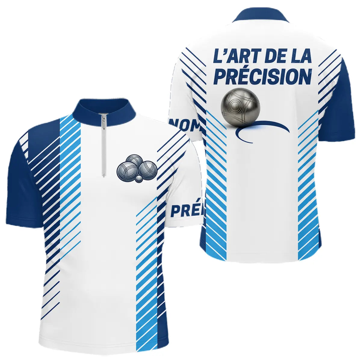 Polo Pétanque Bleu Blanc - L'art De La Précision Personnalisé - Polo Zippé Homme