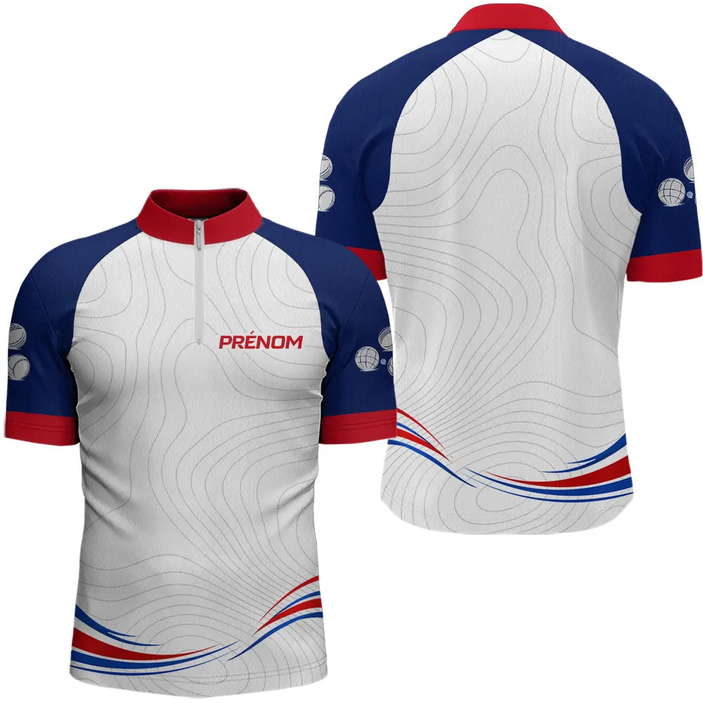 Polo Pétanque Bleu Blanc Homme Femme - Style Unique Prénom - Polo Zippé Homme
