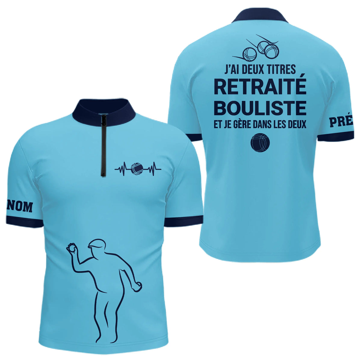 Polo Pétanque Bleu Ciel - Retraite Bouliste Personnalisé - Polo Zippé Homme