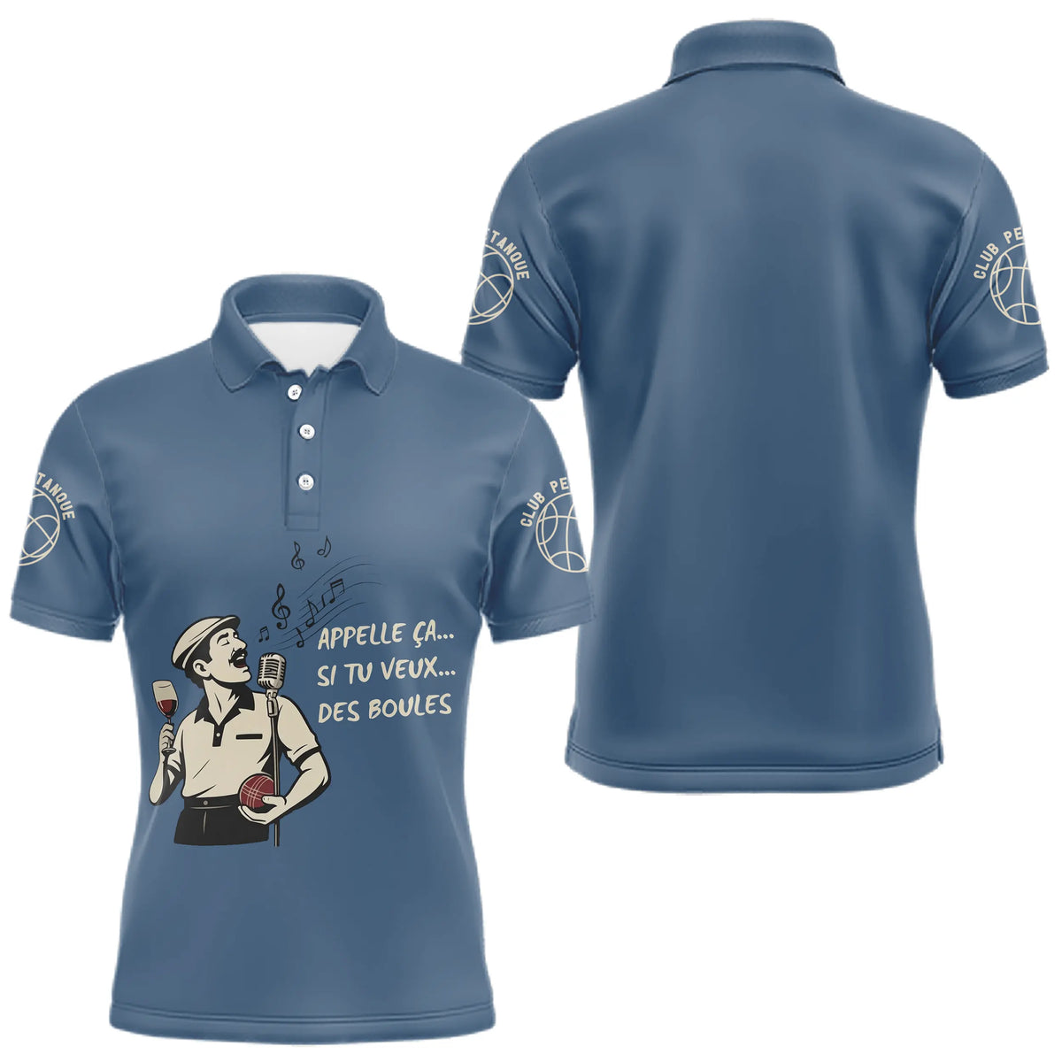 Polo Pétanque Bleu Gris Homme - Apéro & Humour Club Boules - Polo Homme