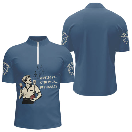 Polo Pétanque Bleu Gris Homme - Apéro & Humour Club Boules - Polo Zippé Homme