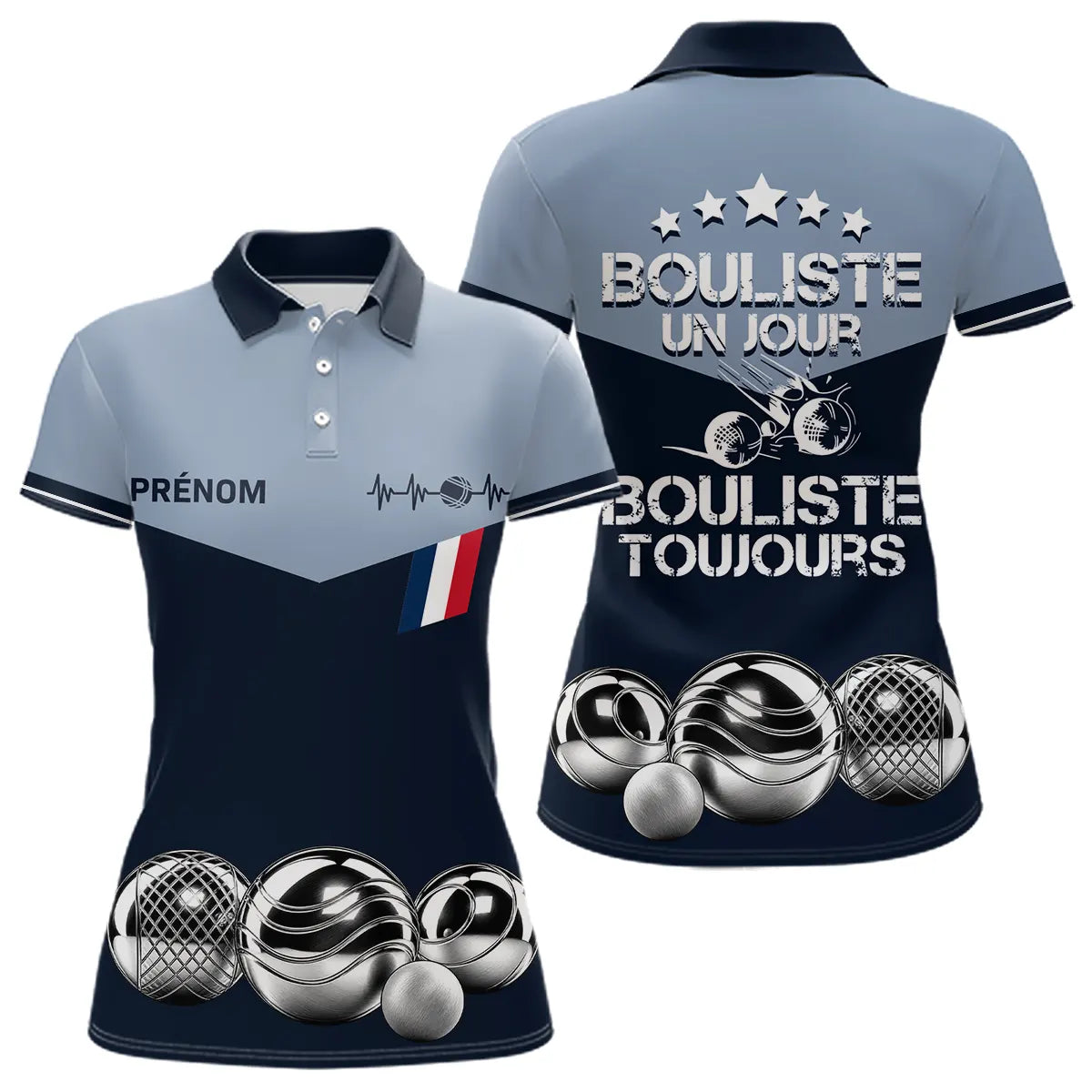Polo Pétanque Bleu Gris Personnalisé - Bouliste Toujours France - Polo Femme