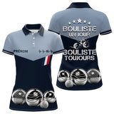 Polo Pétanque Bleu Gris Personnalisé - Bouliste Toujours France - Polo Femme