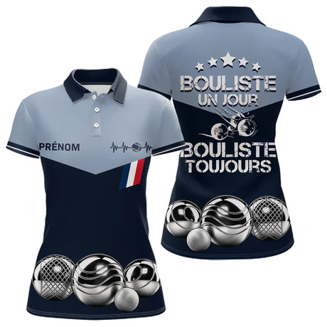 Polo Pétanque Bleu Gris Personnalisé - Bouliste Toujours France - Polo Femme