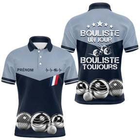 Polo Pétanque Bleu Gris Personnalisé - Bouliste Toujours France - Polo Homme