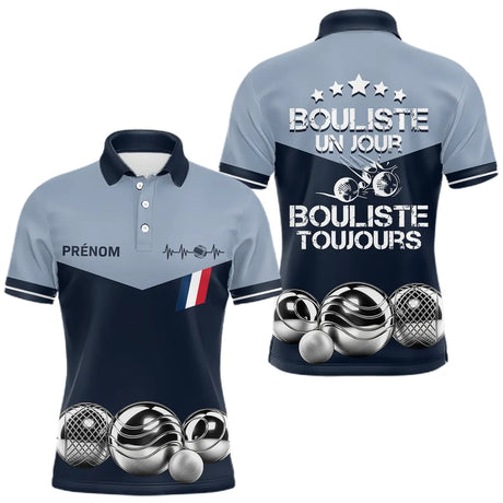 Polo Pétanque Bleu Gris Personnalisé - Bouliste Toujours France - Polo Homme