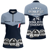 Polo Pétanque Bleu Gris Personnalisé - Bouliste Toujours France - Polo Zippé Femme