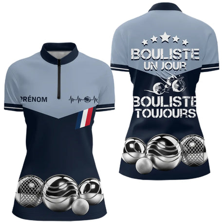 Polo Pétanque Bleu Gris Personnalisé - Bouliste Toujours France - Polo Zippé Femme