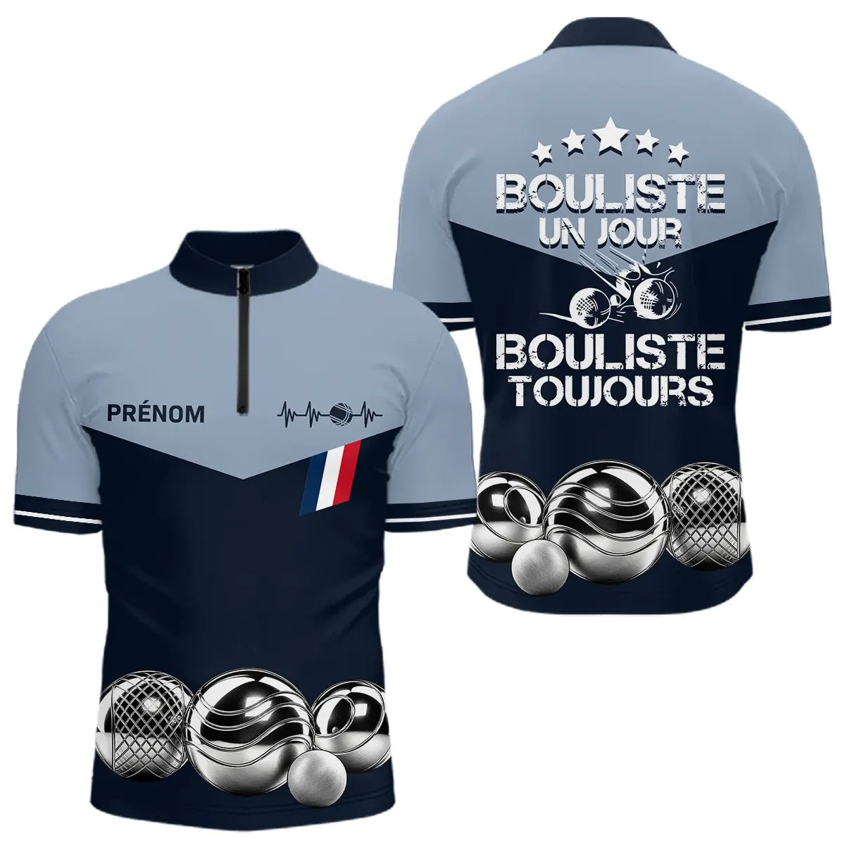Polo Pétanque Bleu Gris Personnalisé - Bouliste Toujours France - Polo Zippé Homme