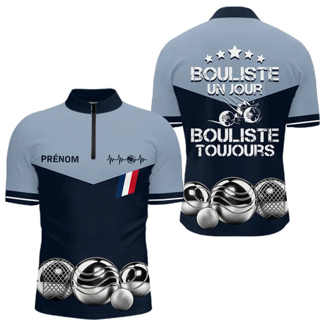 Polo Pétanque Bleu Gris Personnalisé - Bouliste Toujours France - Polo Zippé Homme