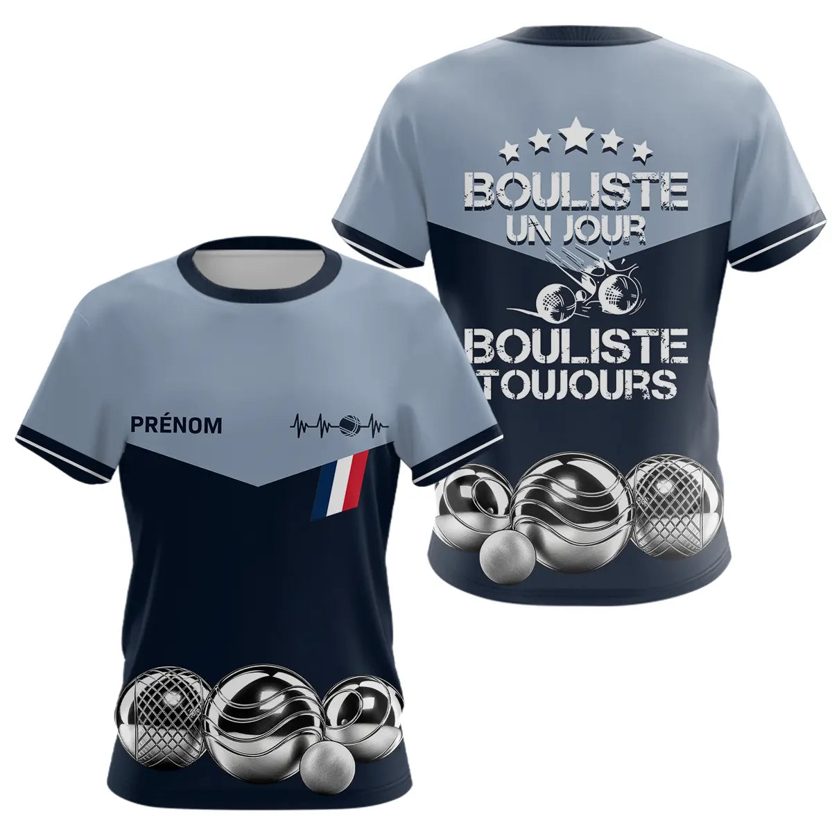 Polo Pétanque Bleu Gris Personnalisé - Bouliste Toujours France - T-Shirt Femme