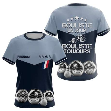 Polo Pétanque Bleu Gris Personnalisé - Bouliste Toujours France - T-Shirt Femme