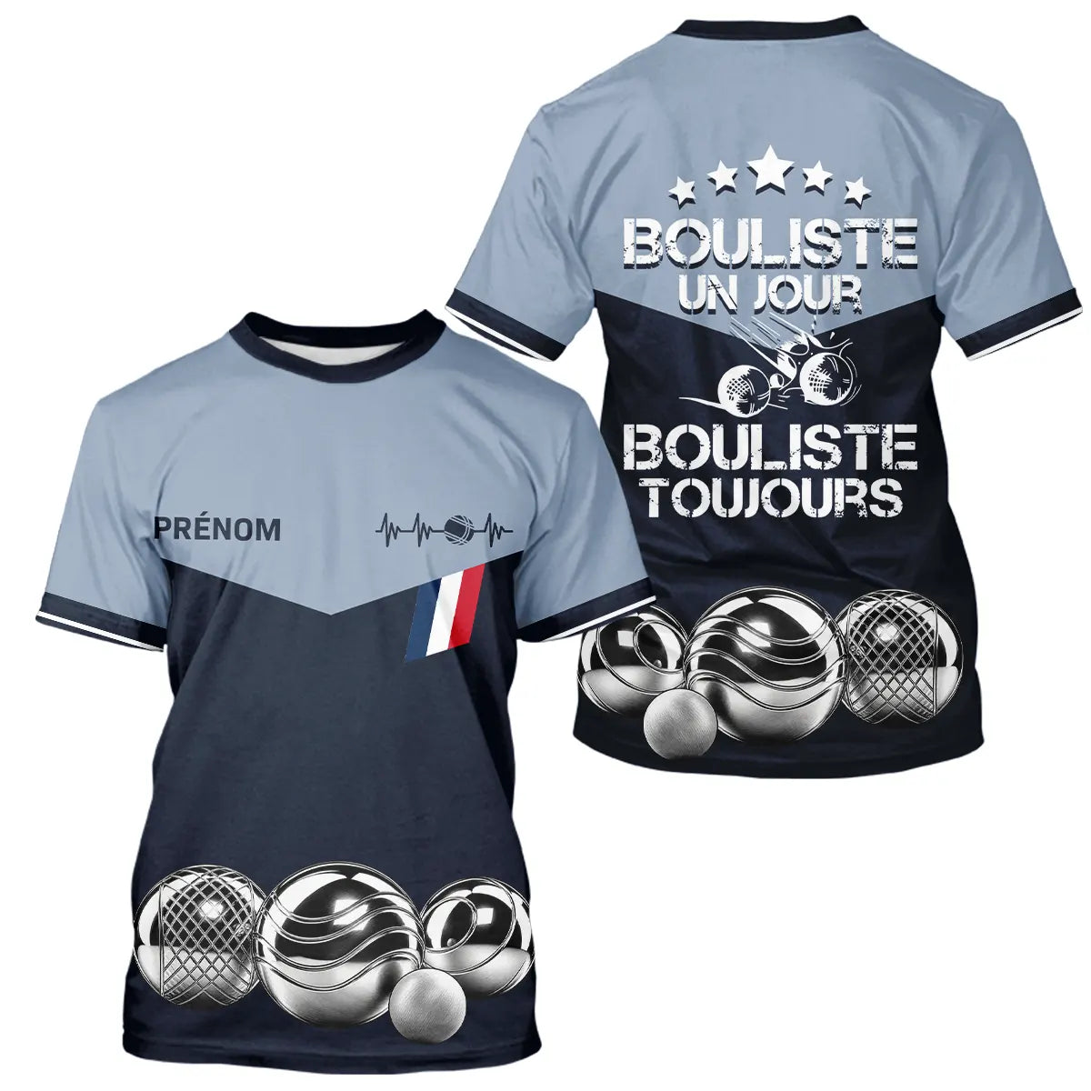 Polo Pétanque Bleu Gris Personnalisé - Bouliste Toujours France - T-Shirt Homme