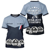 Polo Pétanque Bleu Gris Personnalisé - Bouliste Toujours France - T-Shirt Homme