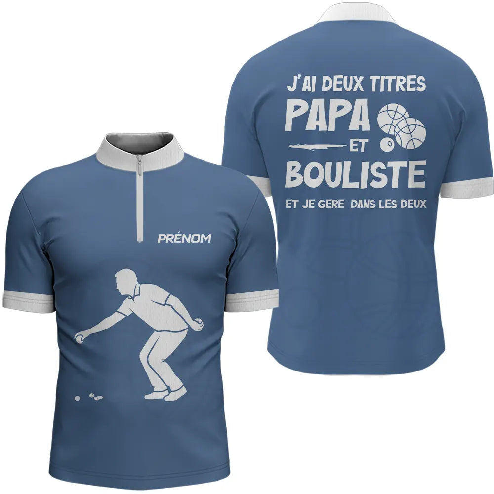 Polo Pétanque Bleu Homme - Personnalisé Papa Bouliste - Polo Zippé Homme