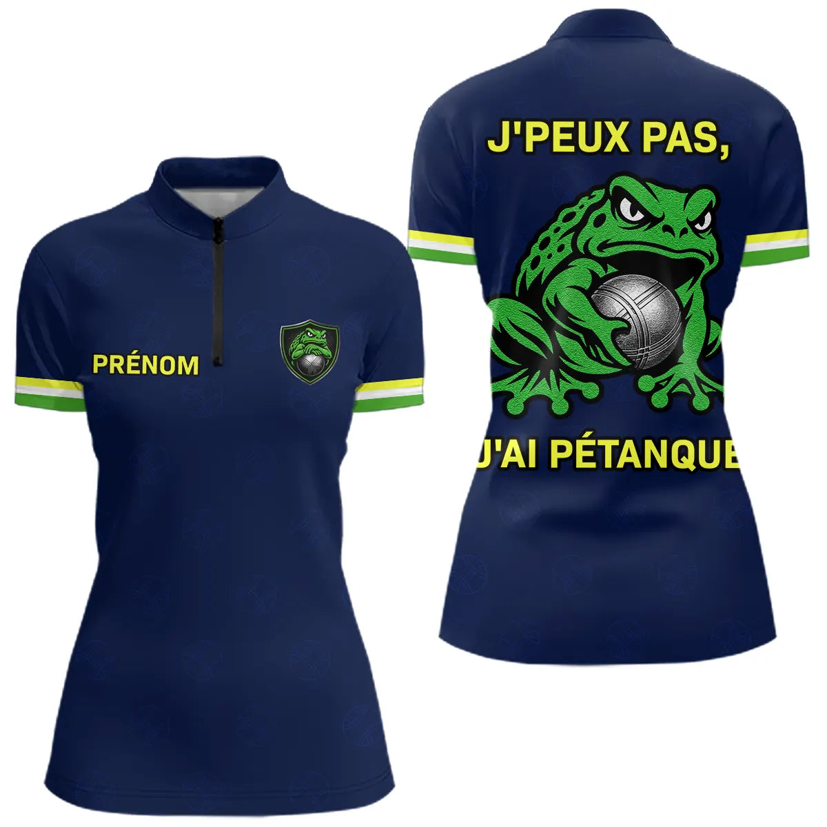 Polo Pétanque Bleu "J'peux Pas J'ai" - Fun Grenouille - Polo Zippé Femme