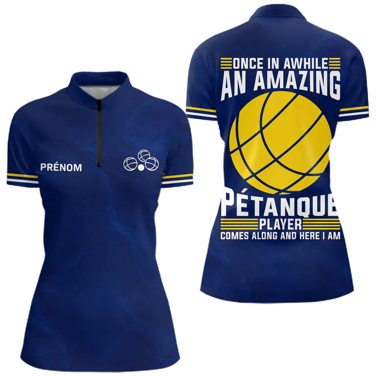 Polo Pétanque Bleu & Jaune – Style l'Humour Terrain - Polo Zippé Femme