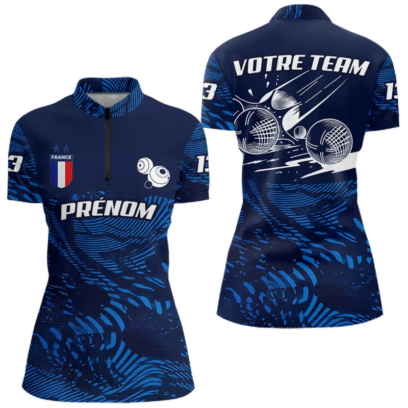 Polo Pétanque Bleu Marine - Personnalisé France Tricolore - Polo Zippé Femme
