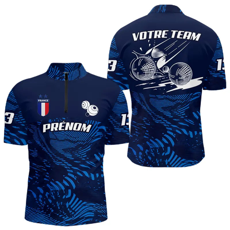 Polo Pétanque Bleu Marine - Personnalisé France Tricolore - Polo Zippé Homme