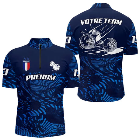 Polo Pétanque Bleu Marine - Personnalisé France Tricolore - Polo Zippé Homme