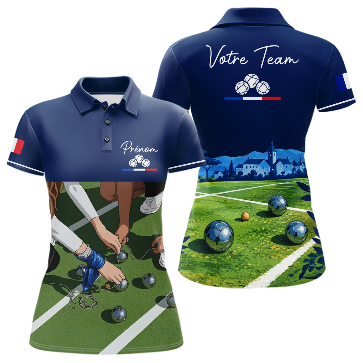 Polo Pétanque Bleu Marine Décor Terrain - Prénom Personnalisé - Polo Femme