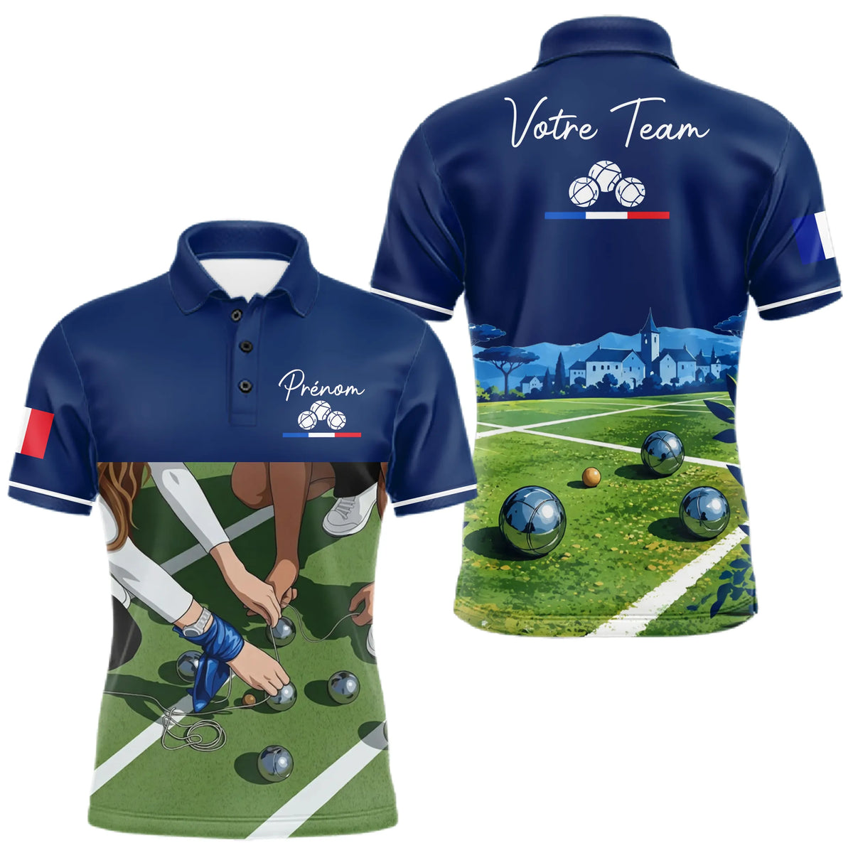 Polo Pétanque Bleu Marine Décor Terrain - Prénom Personnalisé - Polo Homme