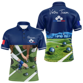 Polo Pétanque Bleu Marine Décor Terrain - Prénom Personnalisé - Polo Homme