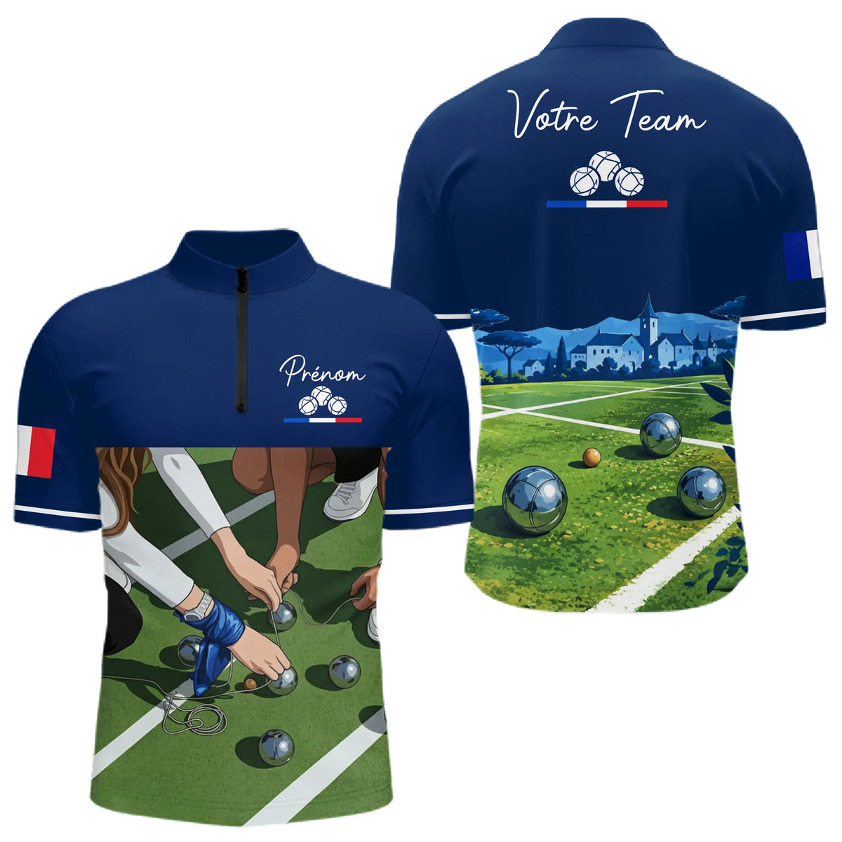 Polo Pétanque Bleu Marine Décor Terrain - Prénom Personnalisé - Polo Zippé Homme