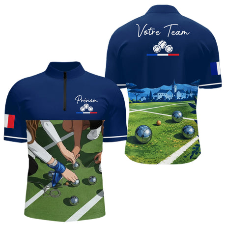 Polo Pétanque Bleu Marine Décor Terrain - Prénom Personnalisé - Polo Zippé Homme