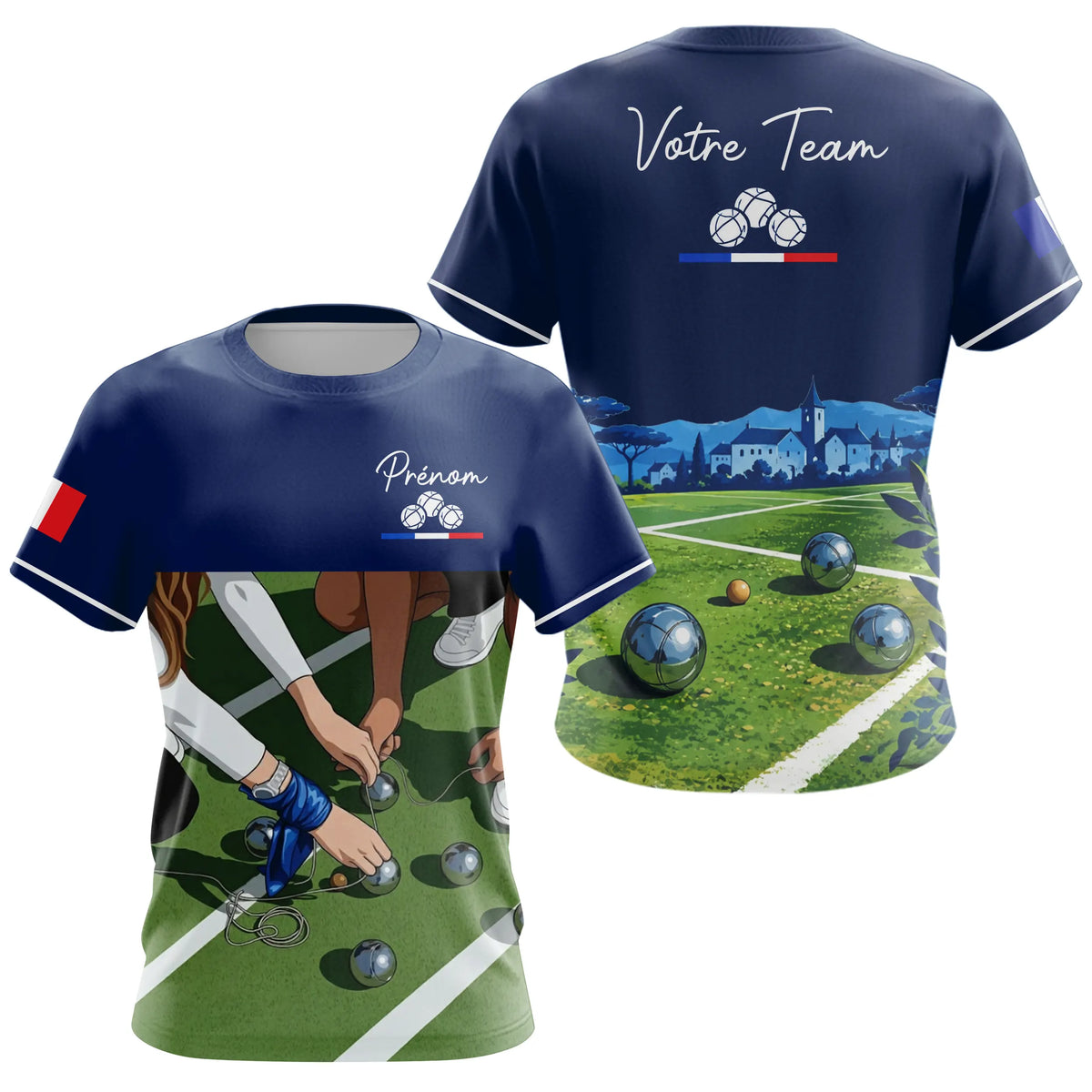Polo Pétanque Bleu Marine Décor Terrain - Prénom Personnalisé - T-Shirt Femme
