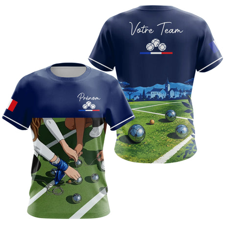 Polo Pétanque Bleu Marine Décor Terrain - Prénom Personnalisé - T-Shirt Femme