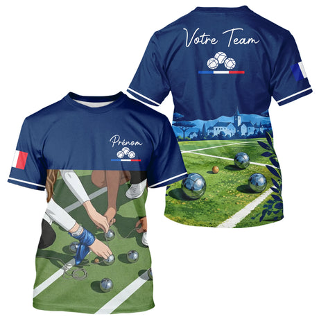Polo Pétanque Bleu Marine Décor Terrain - Prénom Personnalisé - T-Shirt Homme