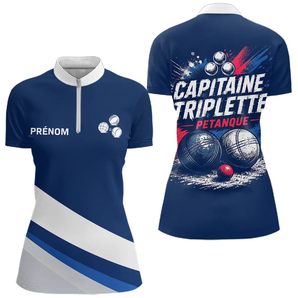 Polo Pétanque Bleu Marine – Design Capitaine Triplette - Polo Zippé Femme