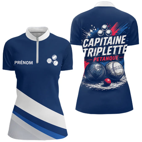 Polo Pétanque Bleu Marine – Design Capitaine Triplette - Polo Zippé Femme
