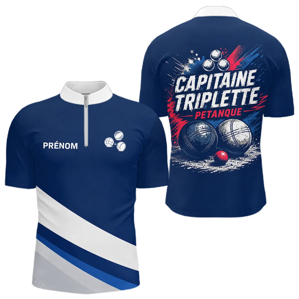 Polo Pétanque Bleu Marine – Design Capitaine Triplette - Polo Zippé Homme