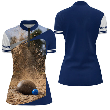 Polo Pétanque Bleu Marine Tir Parfait - 3D Impact Boule - Polo Zippé Femme