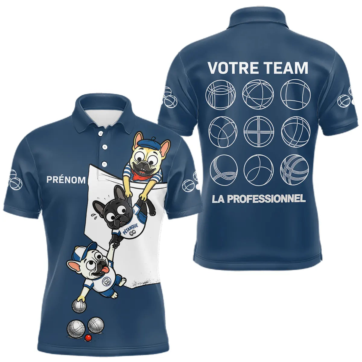 Polo Pétanque Bleu Marine Équipe - Team Bouledogue Français - Polo Homme