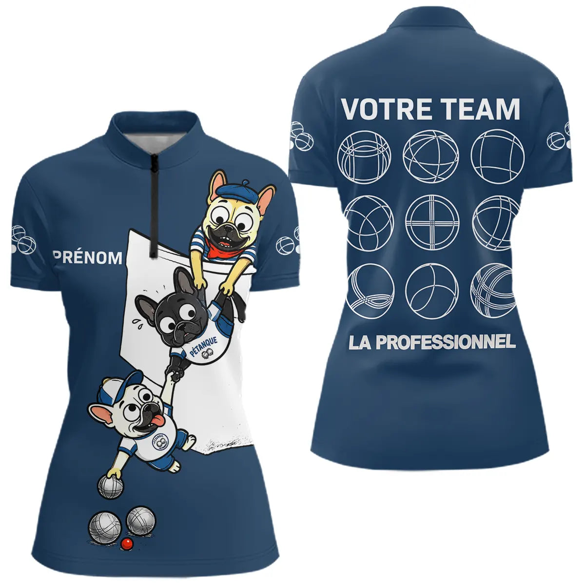 Polo Pétanque Bleu Marine Équipe - Team Bouledogue Français - Polo Zippé Femme