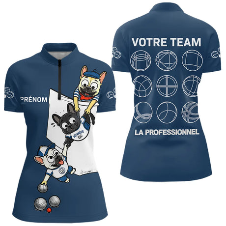Polo Pétanque Bleu Marine Équipe - Team Bouledogue Français - Polo Zippé Femme