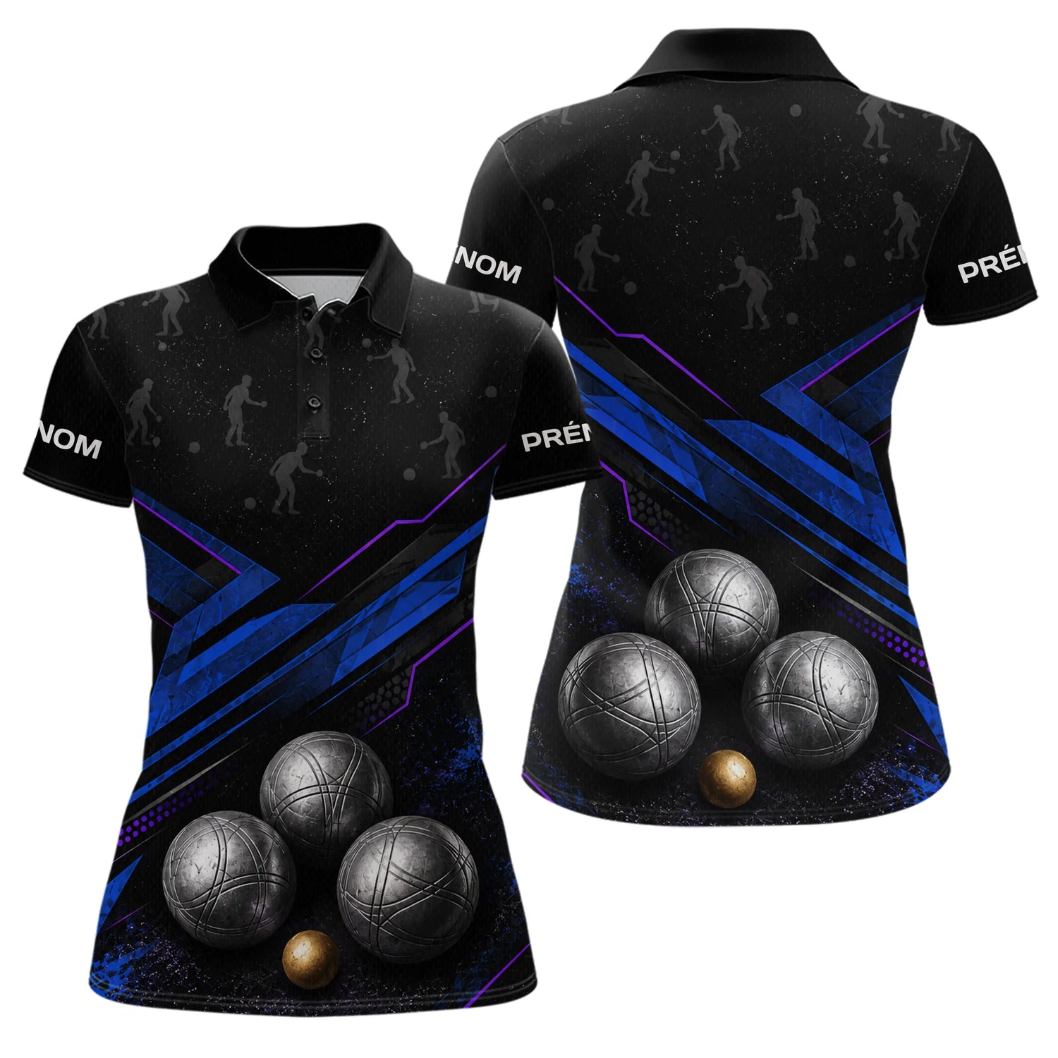 Polo Pétanque Bleu Noir & Boules 3D - Cadeau Boules - Polo Femme