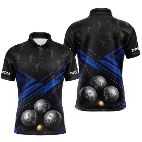 Polo Pétanque Bleu Noir & Boules 3D - Cadeau Boules - Polo Homme
