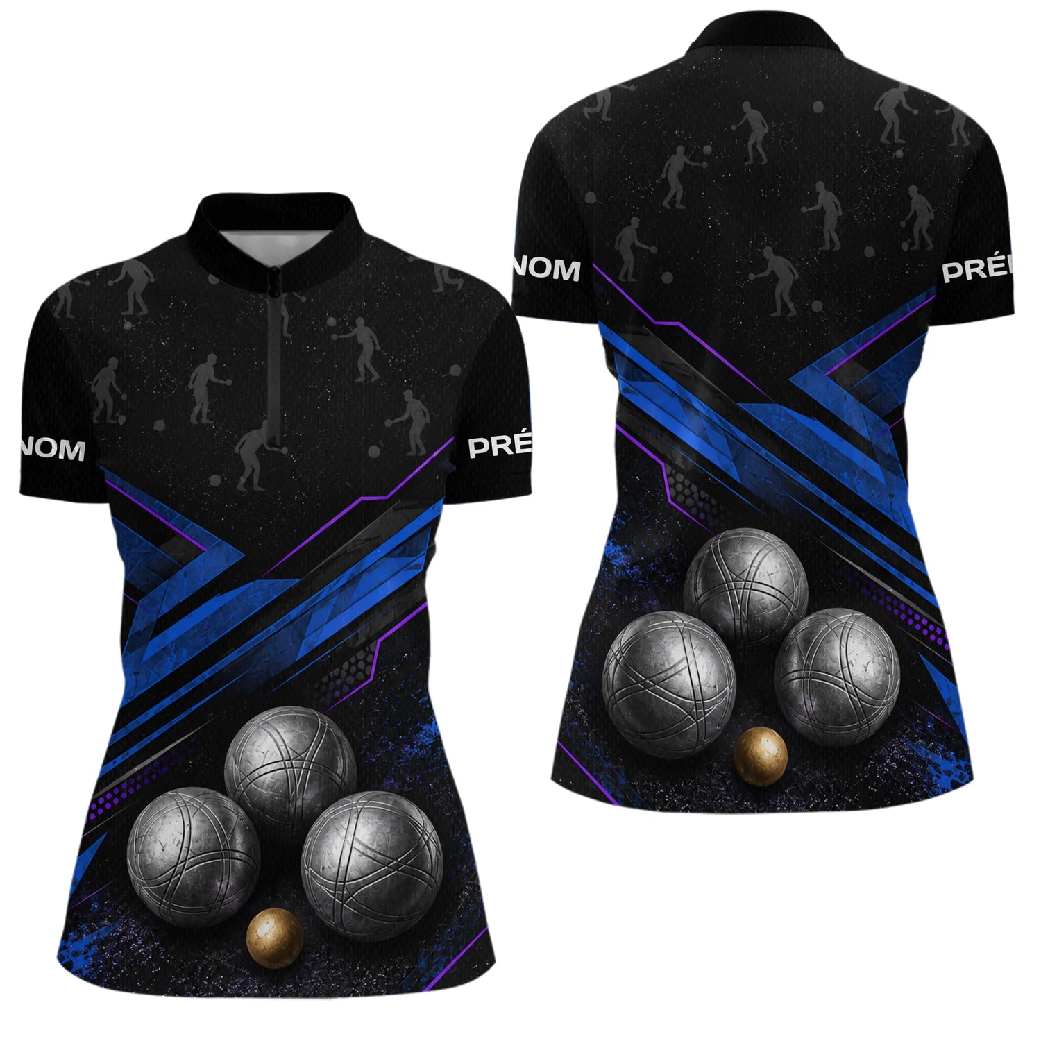 Polo Pétanque Bleu Noir & Boules 3D - Cadeau Boules - Polo Zippé Femme